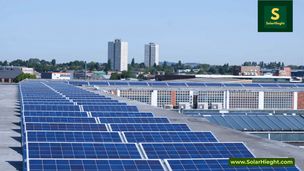 A wide rooftop covered in blue solar panels with an urban skyline in the background, symbolizing clean energy and modern solar adoption.