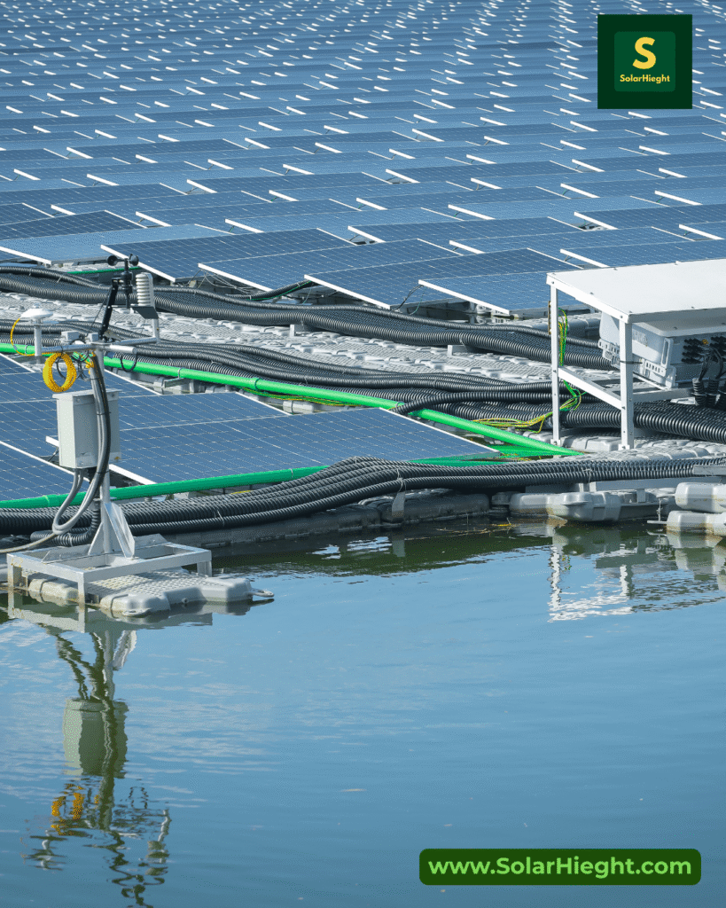 A floating solar farm on a water space