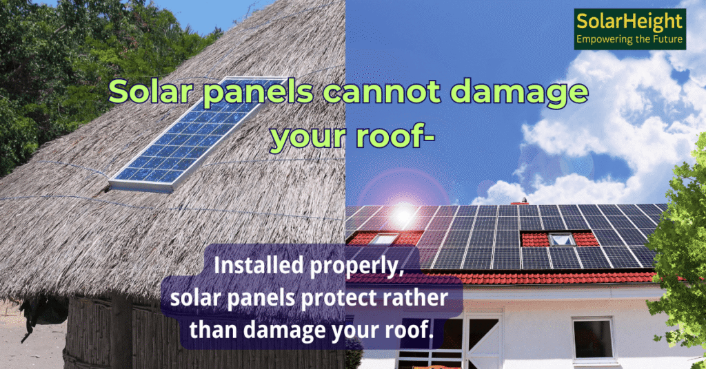 An image of two different houses in an eco friendly environment with solar panels on the rooftops. This is to show that when fixed properly it rather protect the roof than damage it.