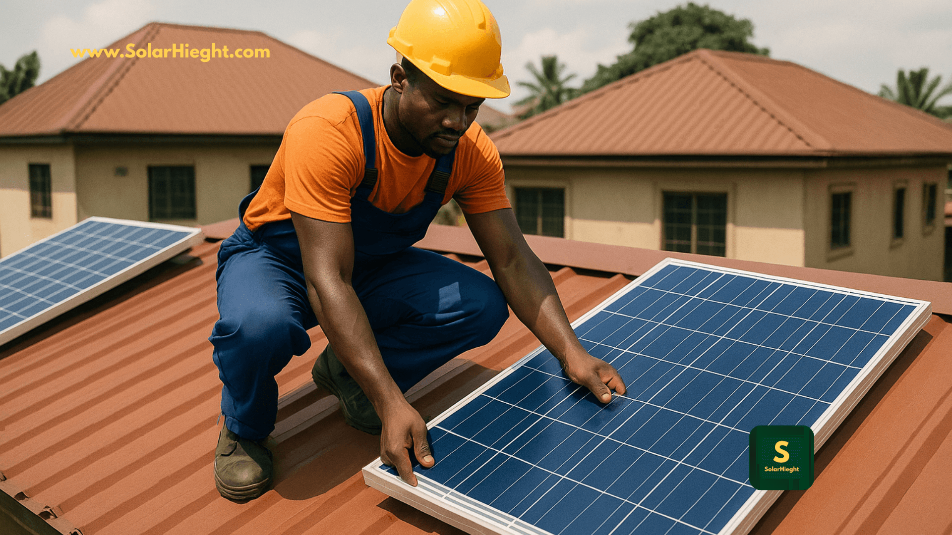 Nigerian solar technician installing panel on a rooftop