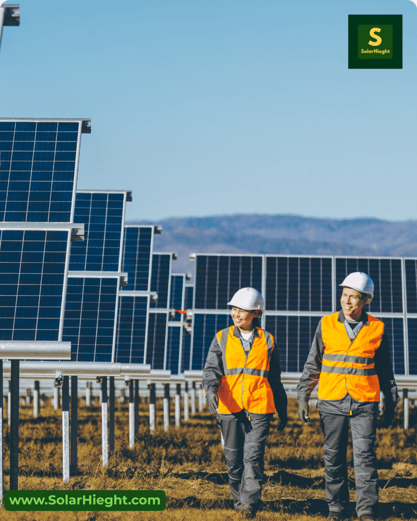 An image of a solar field with two engineers inspecting solar installations.