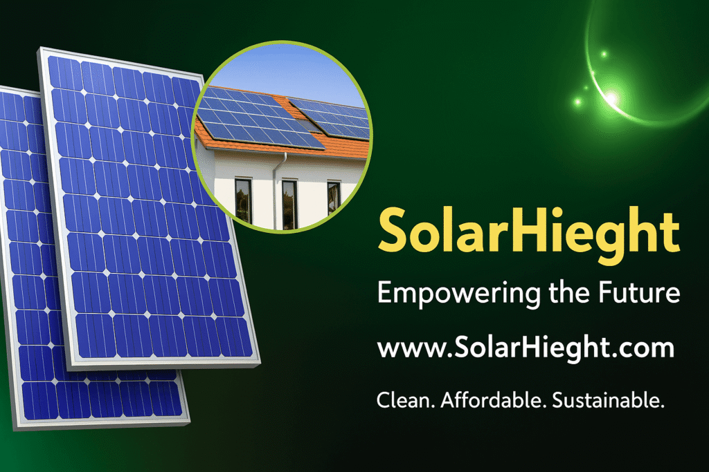 An image of solar panels and a solar rooftop on a green background with a futuristic sun-like object hovering above signifying sustainable energy