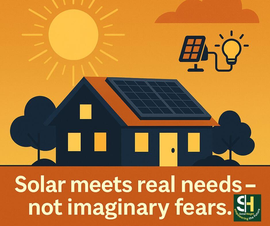 Infographic showing a bright sun above a house with rooftop solar panels, surrounded by trees and icons of solar energy and light. Highlights the promise of solar power and a sustainable green future.