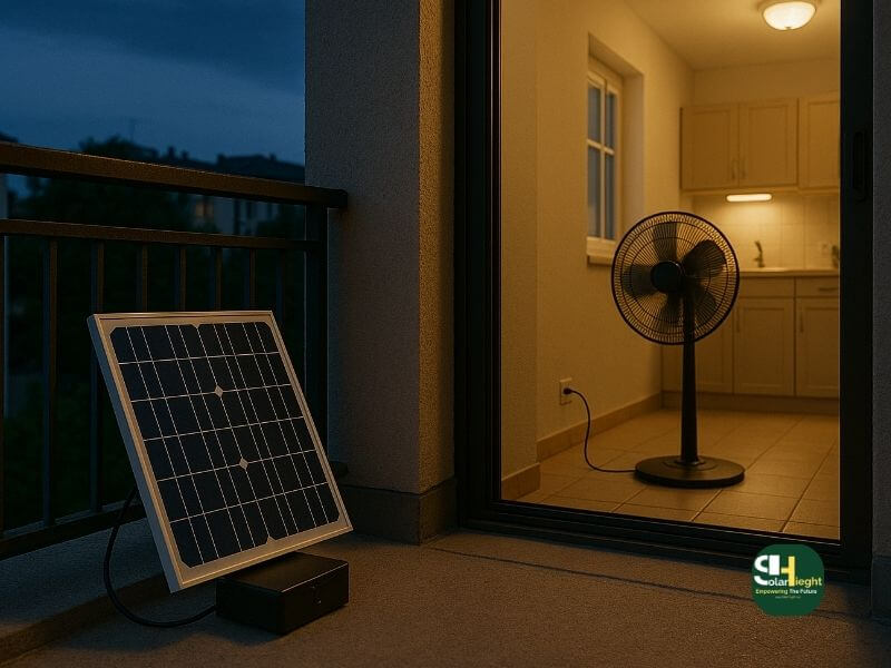 A compact solar kit set up on a small apartment balcony in Nigeria, with fan and lights powered inside