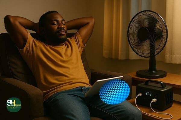 A man relaxing in a fan-cooled room with his devices plugged into a solar inverter box.