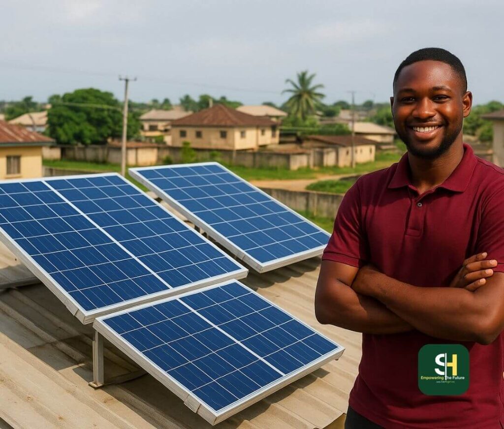 Nigerian man smiling beside rooftop solar panels in a residential area.