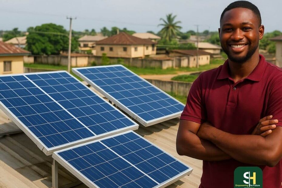 How to Start Small with Solar in Nigeria -And Expand Later Without Wasting Money. Nigerian man smiling beside rooftop solar panels in a residential area.