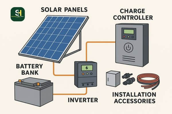 Diagram of solar panel system with inverter, battery bank, charge controller, and accessories.