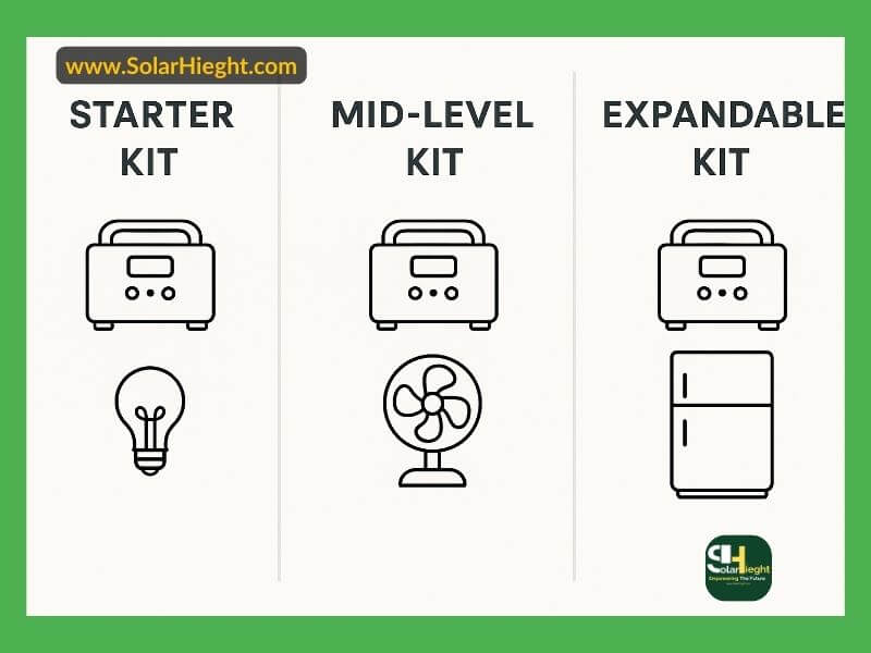 A three-tier visual card comparing starter, mid-level, and expandable solar kits with icons (TV, fan, fridge).