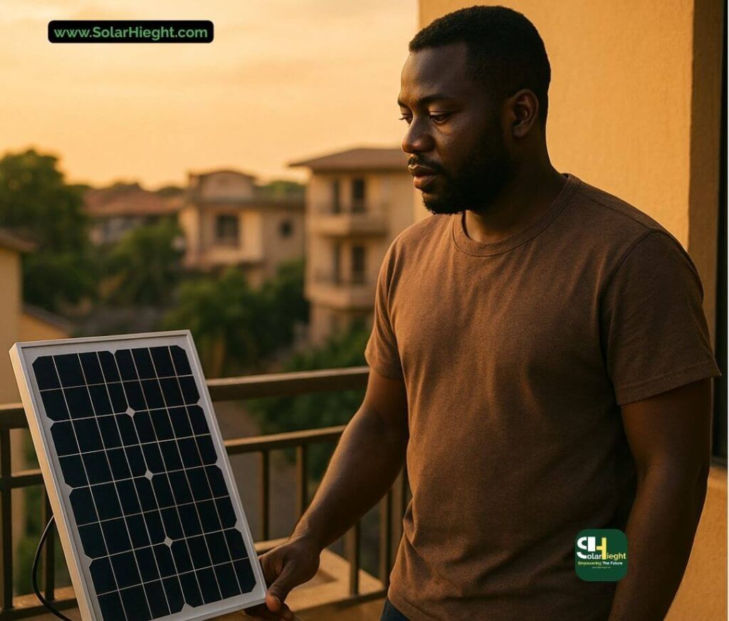Nigerian man holding a small solar panel on his apartment balcony during sunset, promoting SolarHieght renewable energy solutions