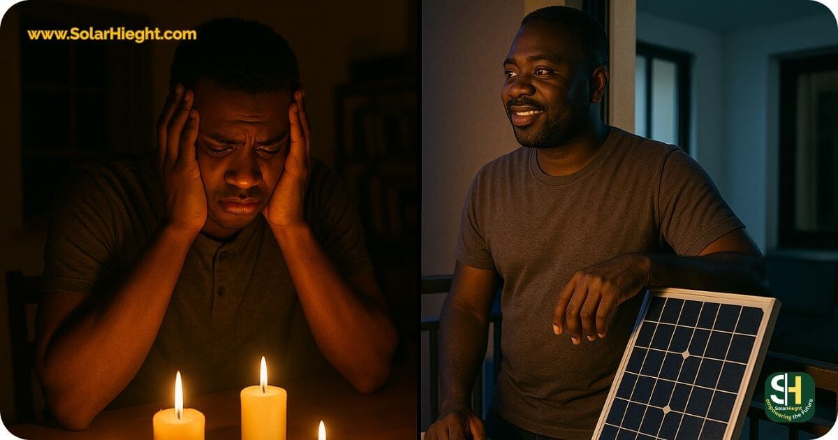 An image of two men, one in gloom using candle and in dark without light and the other happy enjoying the benefits of solar.