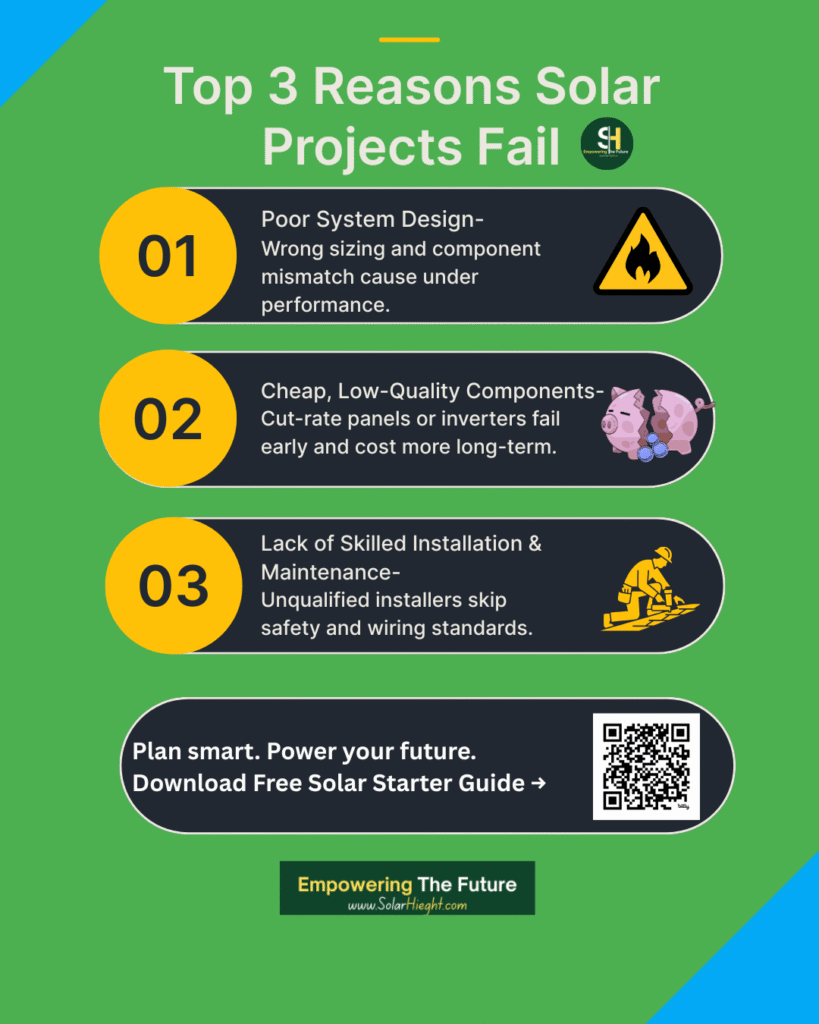 Why Solar Projects Fail in Nigeria — and How to Fix It infographic about top 3 reasons solar projects fail in Nigeria with 3 icons explaining the problems