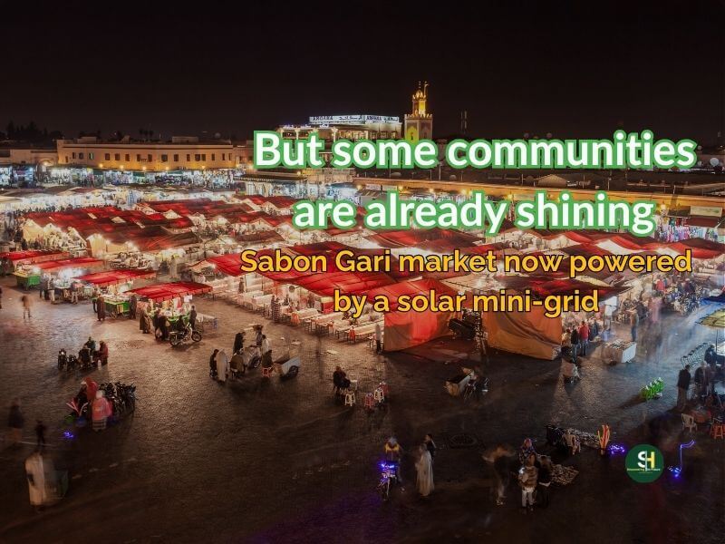 Bustling solar-powered Nigerian market, night lighting, happy trader