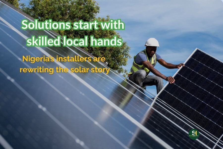 young nigerian man fixing solar panel on tin roof