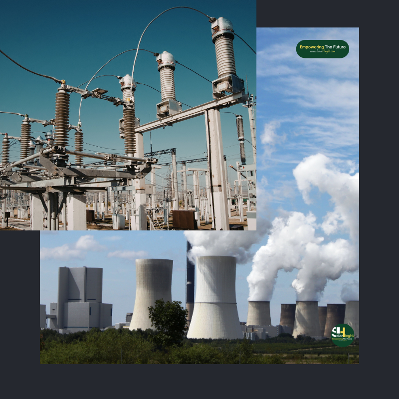 Two images of  energy infrastructure, one of a transmission and the other of source. 