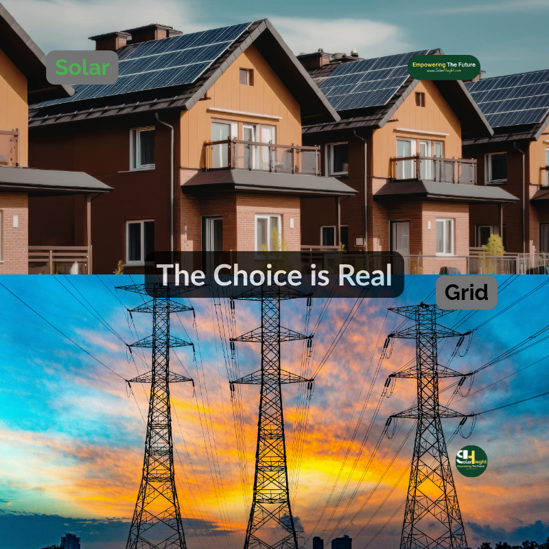 The image of solar installations on a residential rooftops against a fading imaging of a national grid signifying the energy choice people are making