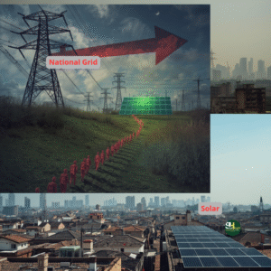 An image of Grid infrastructure and the great movement of people from grid to solar energy dipicting a clear choice