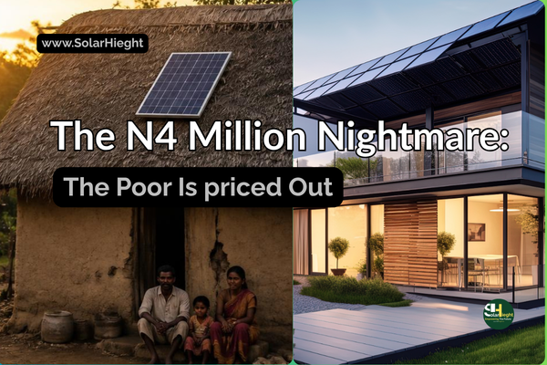 A tale of two words- showing a side by side image depicting one solar panel  on the roof of the poor house and many on the roof of the rich house showing how the poor is being priced out from going solar in Nigeria. 