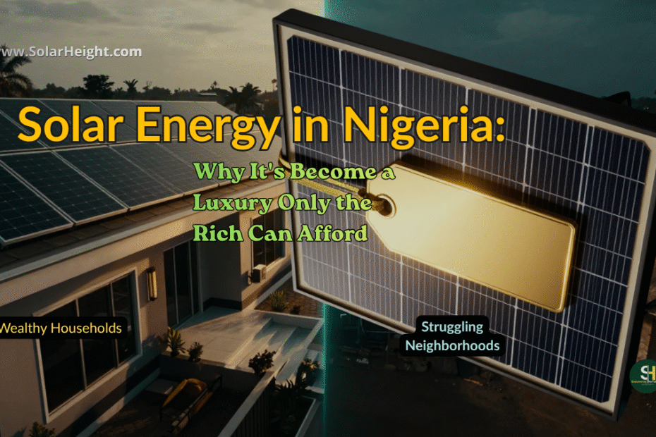 The N4 Million Nightmare: Why Solar Is Now a Luxury Only the Rich Can Afford (Despite Nigeria Being in Darkness) An llustration of solar panels of the rich and the poor indicating the increasing high prices of solar and the consequences of pushing solar dreams out of the reach of many Nigerians as shown in the post
