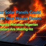 Solar fire disaster concept showing a burning residential building in Nigeria, with a cracked solar panel on its roof.