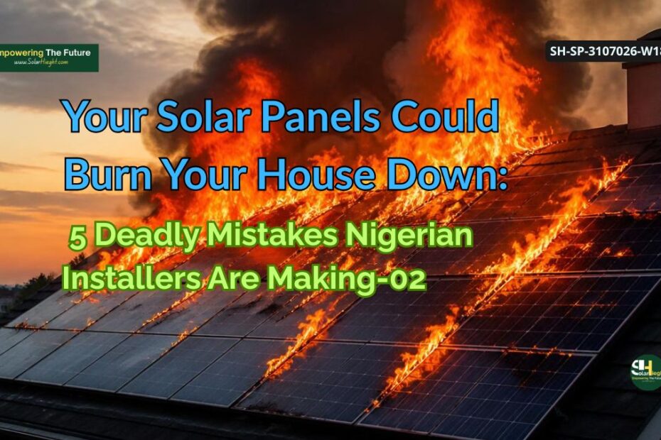 Your Solar Panels Could Burn Your House Down: 5 Deadly Mistakes Nigerian Installers Are Making Solar fire disaster concept showing a burning residential building in Nigeria, with a cracked solar panel on its roof.