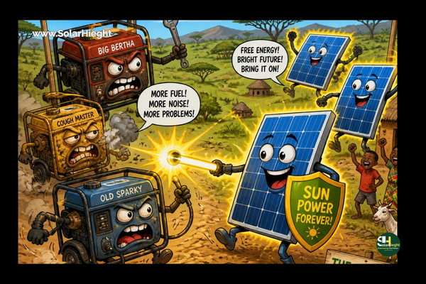 The Generator Economy is a $16 Billion Lie: Why 2026 is the Year of the Solar Generator a comical image of a seemingly struggle between clean energy and fossil fuel as depicted here by generators sets and solar panels.